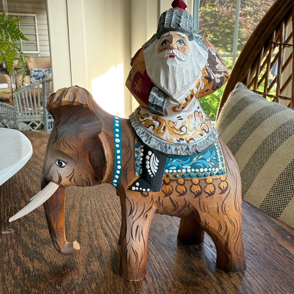 Handcrafted Wooden Elephant with Santa Figurine Christmas
